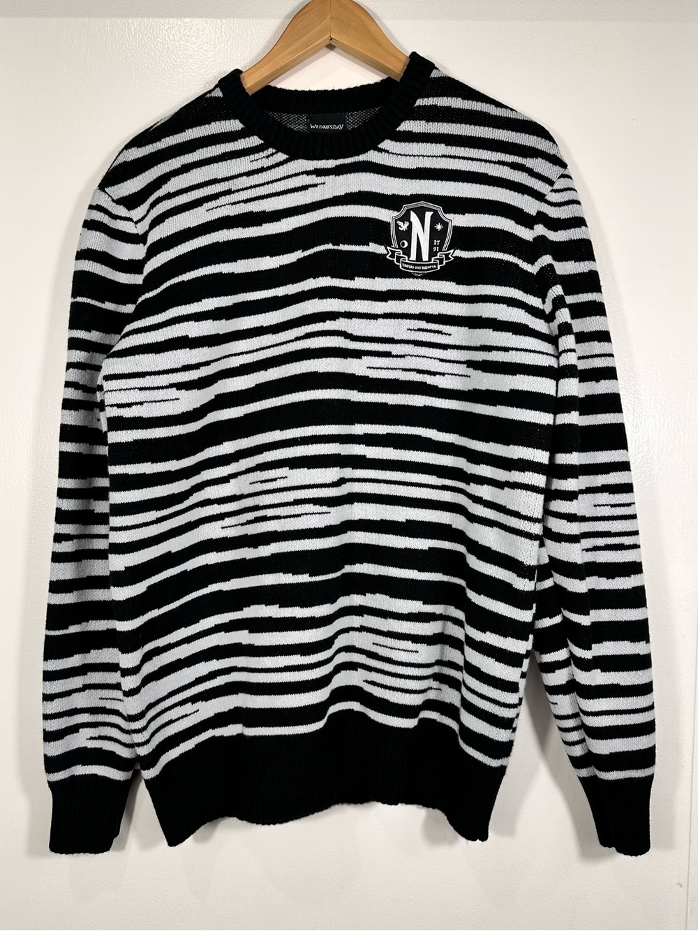 Hot Topic Black and White Striped Crewneck Sweater with Crest